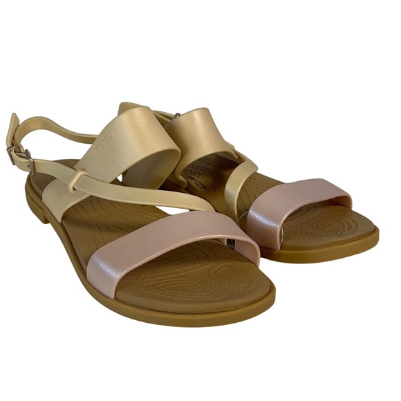 CROCS Shoes - NWT Crocs Tulum Womens Pink Cream Shimmer Slingback Strappy Buckle Sandals 9